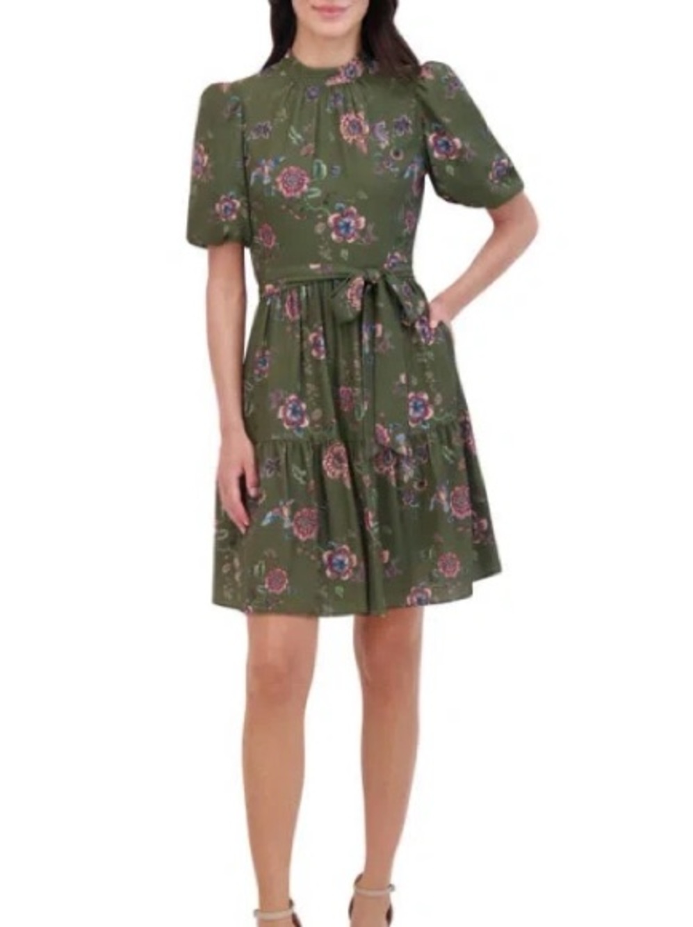 Eliza J Olive Green Floral Mini Dress with Puff Sleeves